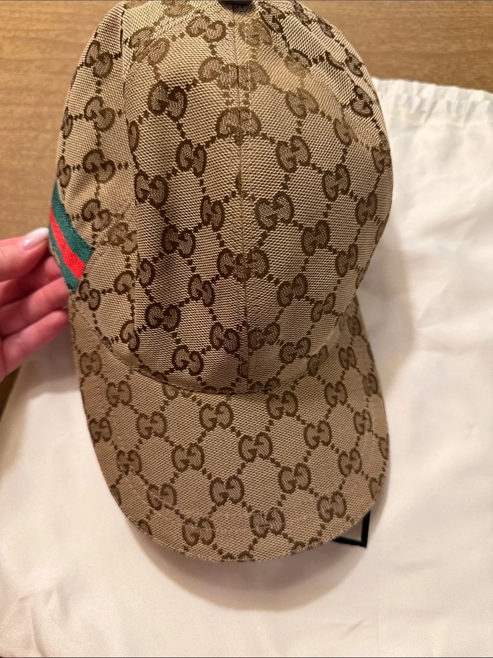 Gucci Brown GG Supreme Canvas Cap with Green-Red Web